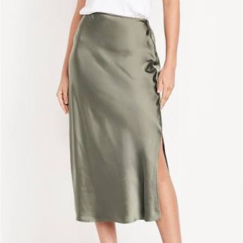Old Navy Olive Satin Midi Slip Skirt with Side Slit